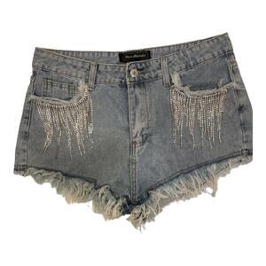 RHINESTONE Fringe Pocket Detail Light Wash Denim Raw Edge Shorts Size L